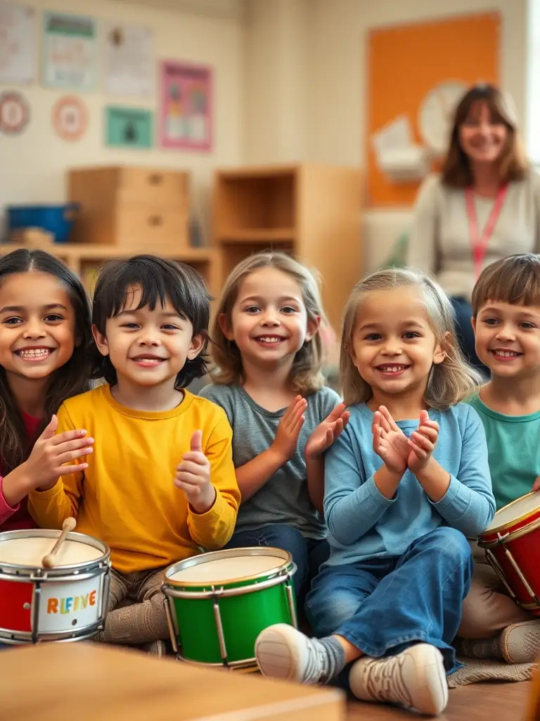 A heartwarming photo of children participating in a ROCK'N POP music education program, highlighting the organization's investment in future generations.
