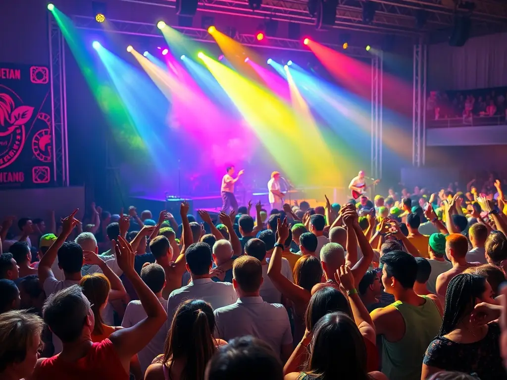 A vibrant image showcasing a live music performance at a ROCK'N POP event, with diverse audience members enjoying the show. The image should convey energy, community, and the joy of live music.