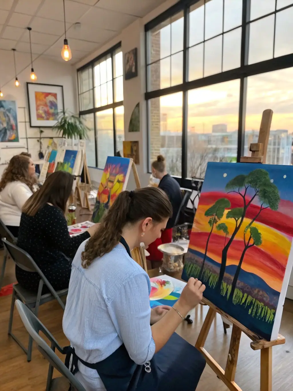 A dynamic image of a group of young artists participating in a ROCK'N POP workshop, painting and creating artwork with guidance from instructors.