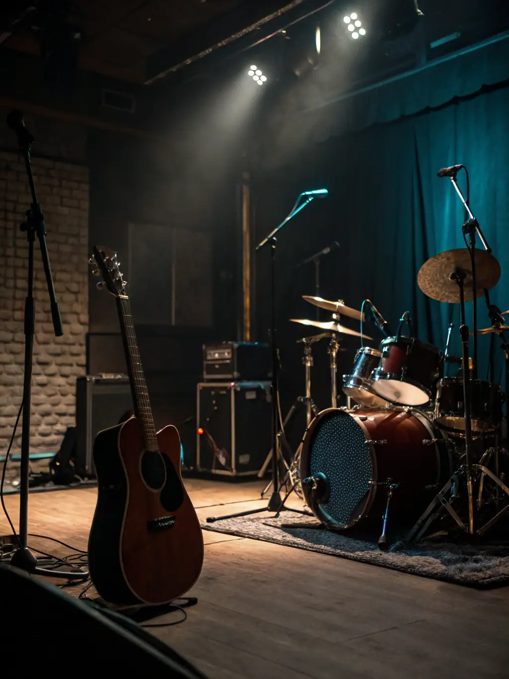 A close-up shot of musical instruments being tuned before a ROCK'N POP-sponsored concert, highlighting the organization's support for live performances.