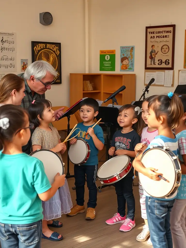 A vibrant image of young musicians participating in a ROCK'N POP workshop, focusing on collaborative music creation, set in a community center with diverse participants.