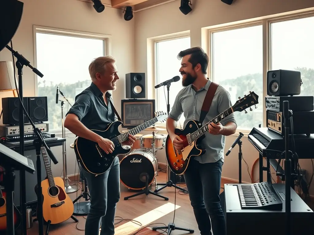 A photo of a ROCK'N POP workshop, where musicians are collaborating and learning from each other. The image should highlight the supportive and educational environment of the program.