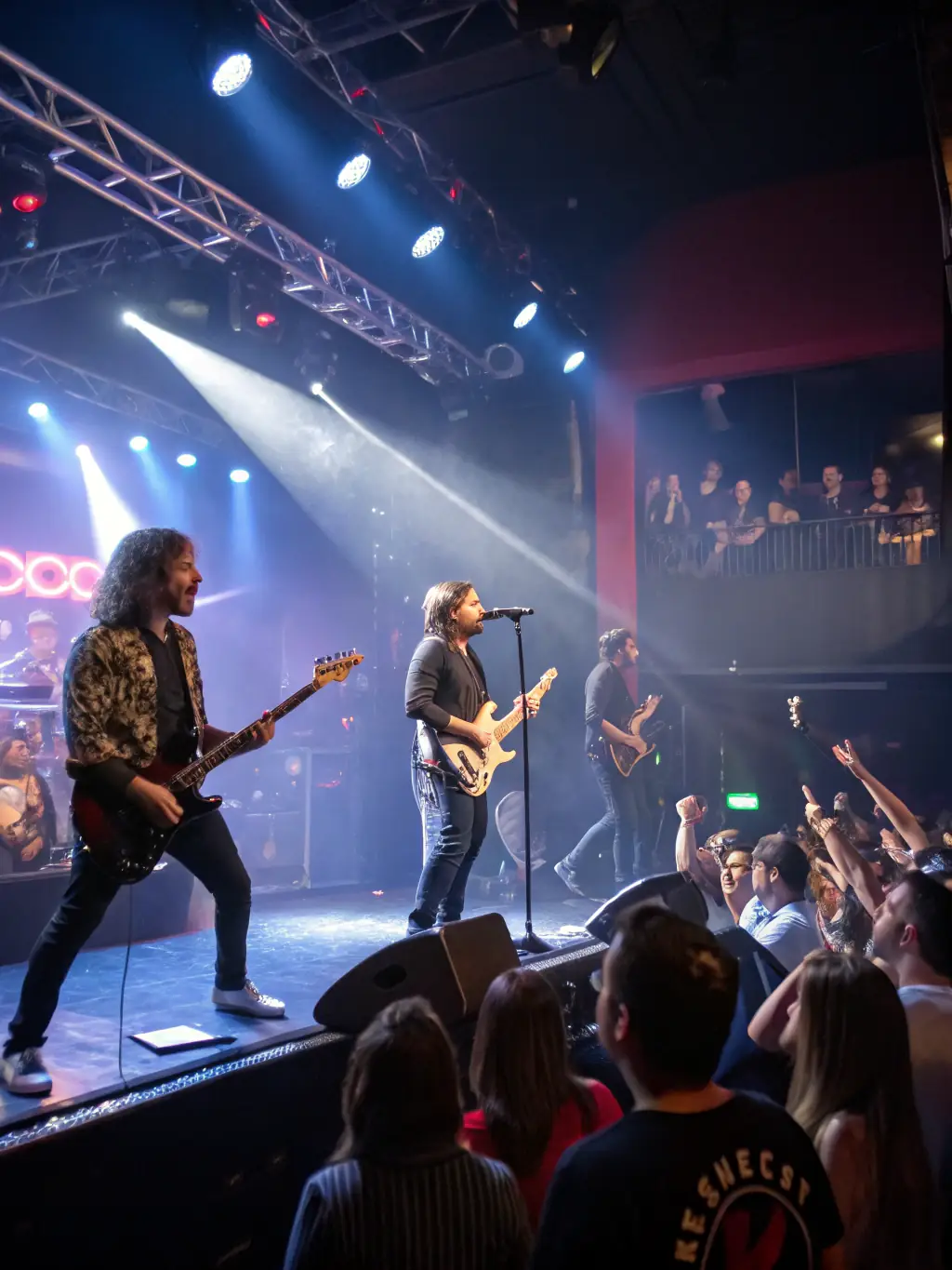 A vibrant photograph capturing a live music performance at a ROCK'N POP event, showcasing a band on stage with enthusiastic audience members in a dimly lit venue.