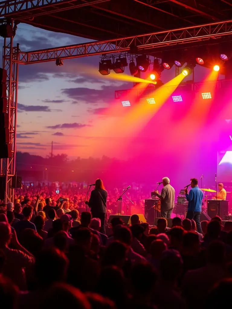 A dynamic photo capturing a live performance supported by ROCK'N POP, showcasing a local band on stage during a regional music festival, with an enthusiastic audience.