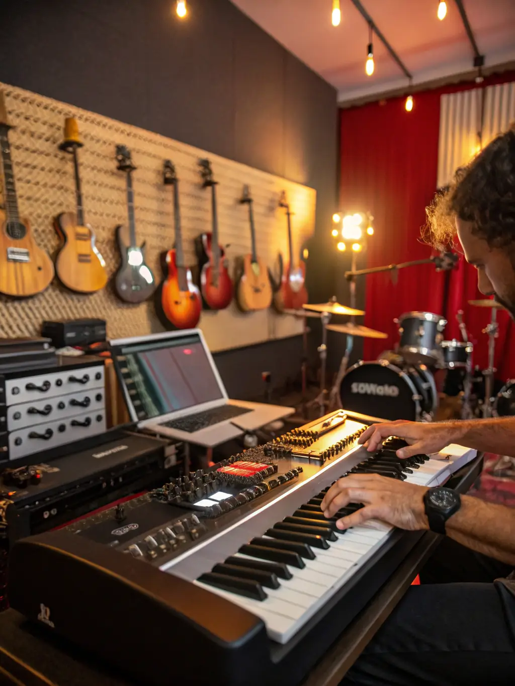 A focused shot of a composer working in a ROCK'N POP-supported studio, highlighting the use of professional equipment and the creative process of music production.