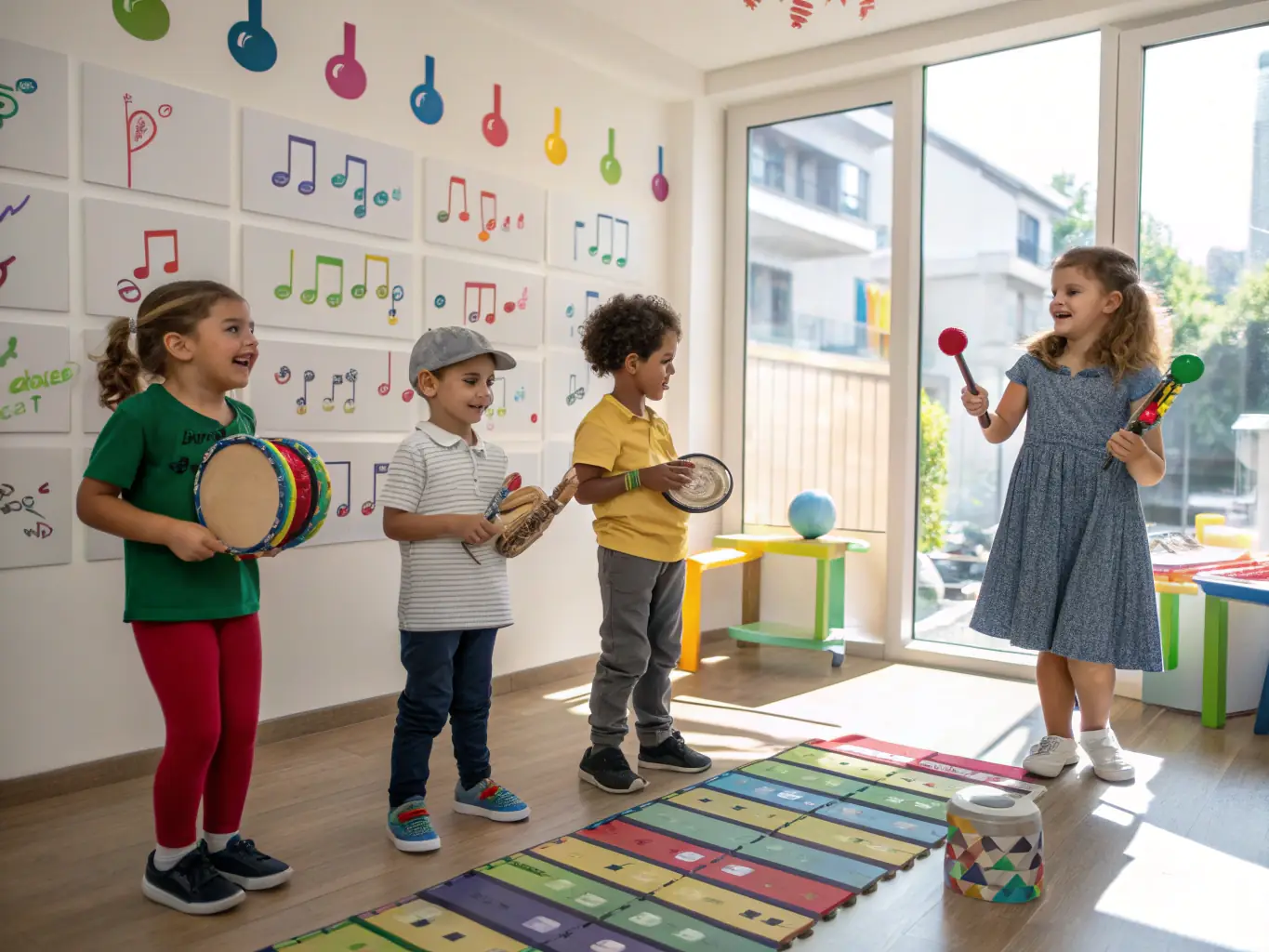 An image of community members participating in a ROCK'N POP outreach program, such as a music education workshop for children. The image should emphasize inclusivity and community engagement.