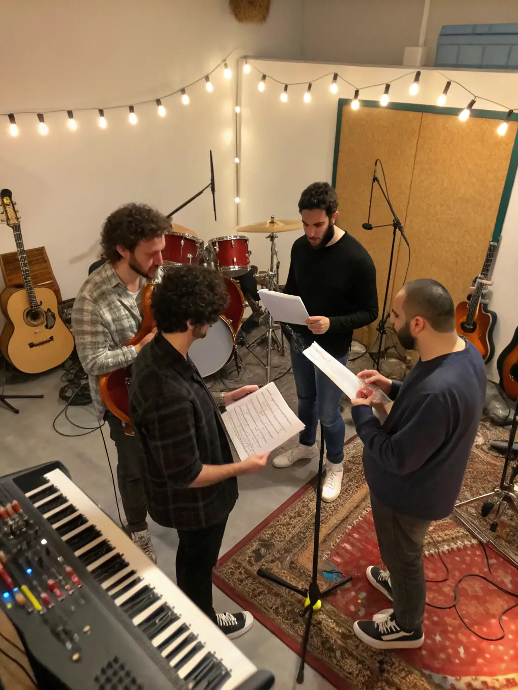 A dynamic image of local artists collaborating during a ROCK'N POP-sponsored workshop, emphasizing the organization's role in nurturing local talent.
